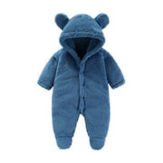 Uuszgmr Jumpsuits For Kid Boys Girls Solid Color Round Neck Footie Snowsuit Winter Onesie Cartoon Bear Warm Hooded Outfits For Boys Blue,Size:0-3 Months